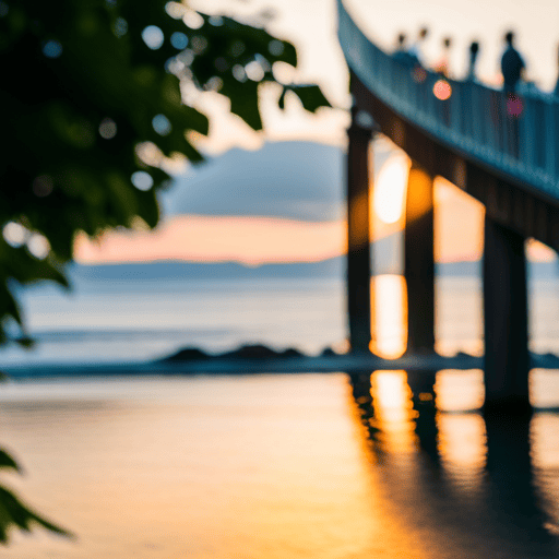 An image showcasing a serene beach sunset, where a couple stands hand-in-hand on a narrow bridge, symbolizing the delicate balance between maintaining individuality and fostering a deep connection in a harmonious Number 9 union